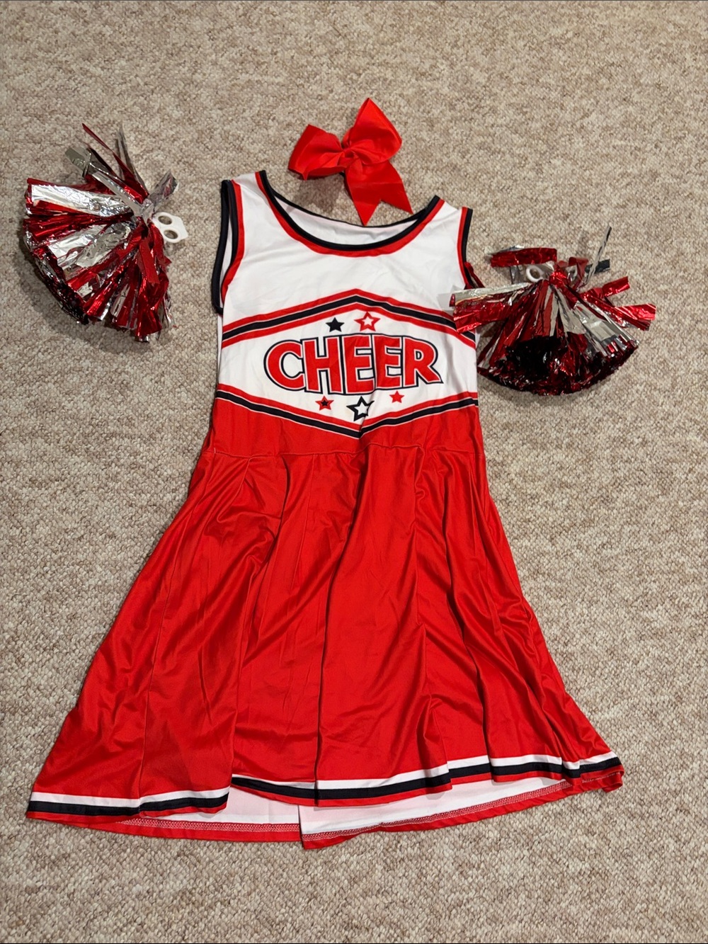 Adult Red Cheerleader Costume Dress with Pom Poms and Bow